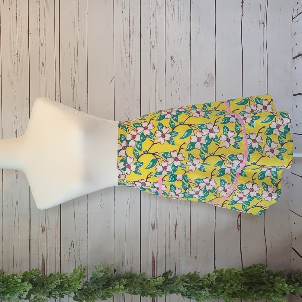 Vintage Half Apron Retro Ruffle Hem‎ Pocket White Flower Yellow Pink Small MCM